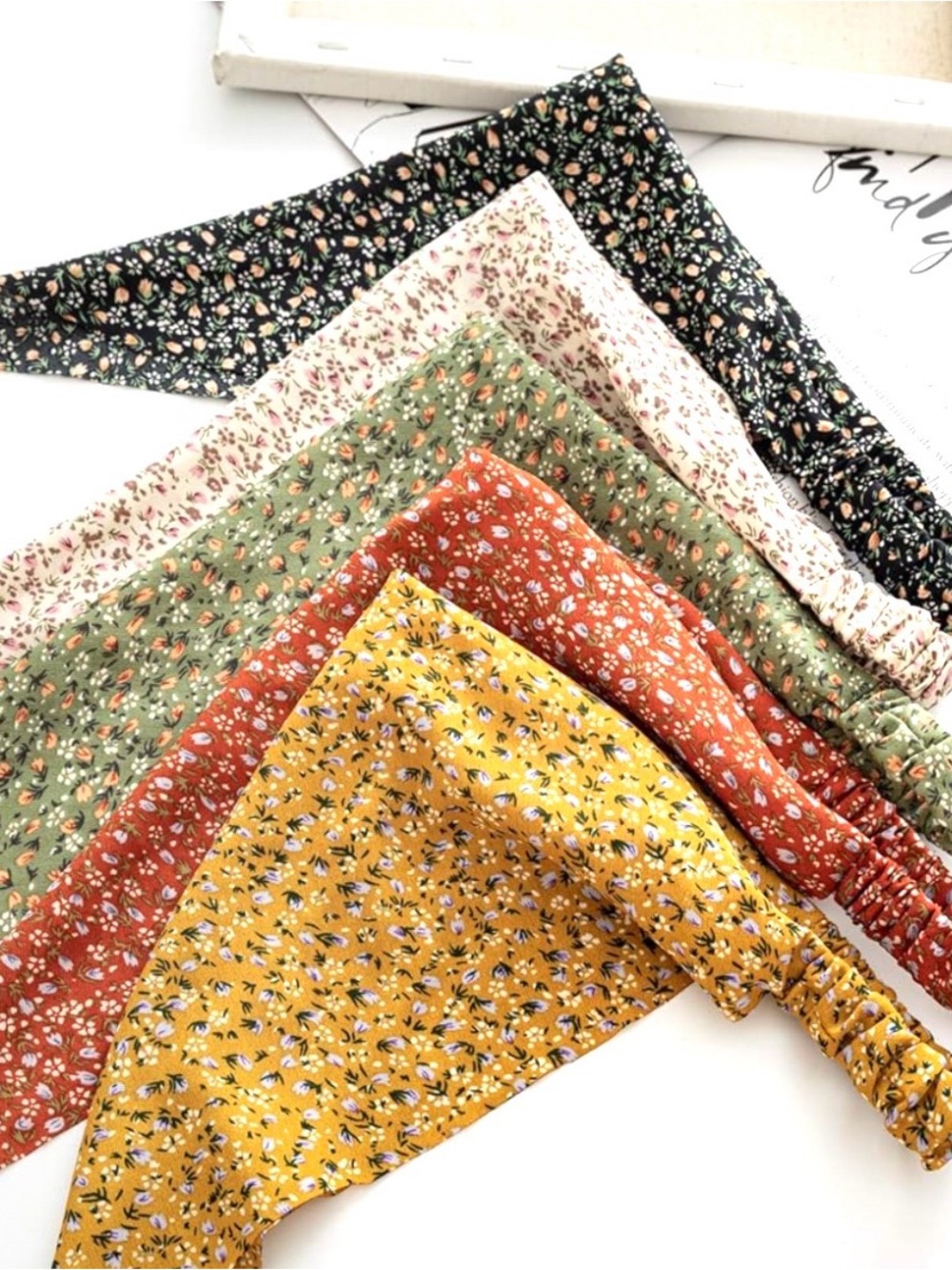Floral Print Elastic Headbands - Mustard, Rust, Olive, Cream, Black